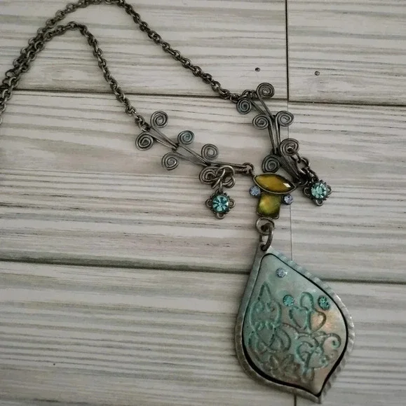 Boho Patina Pendant Blue Rhinestones Antique Silver Tone Statement Necklace - Picture 2 of 10